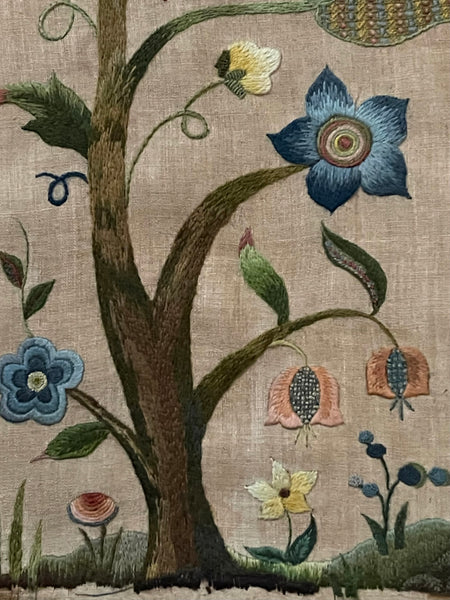Arts and Crafts Tree of Life Embroidery Jacobean Revival Antique Crewelwork: C1920 Britain