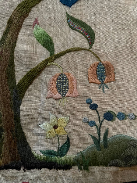 Arts and Crafts Tree of Life Embroidery Jacobean Revival Antique Crewelwork: C1920 Britain