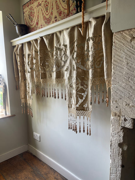Antique Richelieu Hand Embroidered Pelmet or Café Curtain with Carved Beaded Fringe: C1900 France