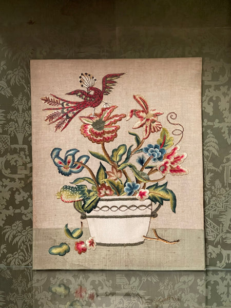 Charming Appliquéd Still Life with Early 18th Century Silk Embroidered Flowers, Bird and Fruit: C1910 English