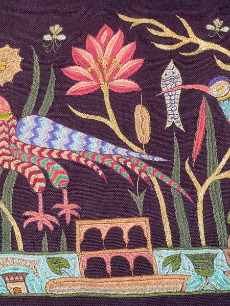 Antique Silk Embroidery with Houseboats, Birds and Florals: Late 19th, Srinagar, Kashmir, India