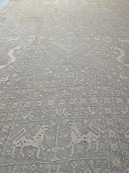 Antique Early Figurative Filet Lace Curtain Mythological Beasts Birds Tree of Life Hand Embroidered: C18th Italy