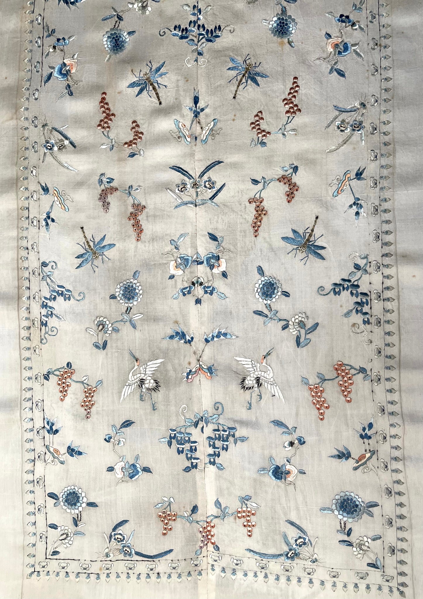 Fine Silk Embroidered Panel with Insects Birds & Flowers: C19th China