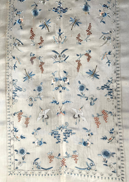 Fine Silk Embroidered Panel with Insects Birds & Flowers: C19th China