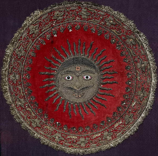 Antique Zardozi Embroidered Sun God on Velvet with Semi Precious Stones: C19th India