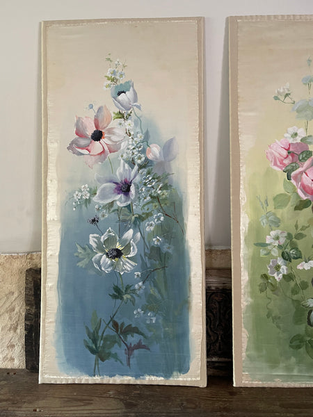 Set of Three Hand Painted Floral Silk Wall Panels :C1920 England