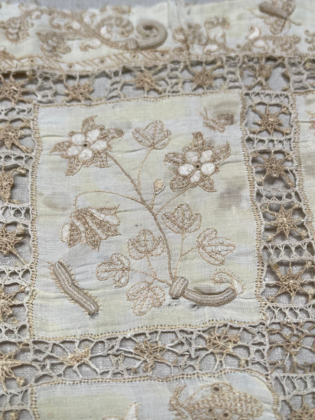 Antique Renaissance Embroidered Early Needlework Lace with Snails Insects Birds: Late C16th early 17th century, Italy