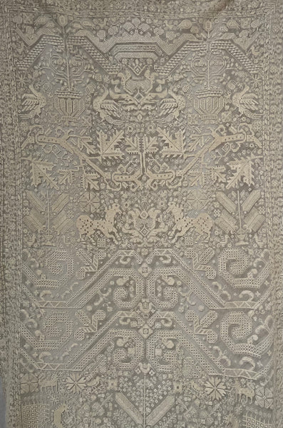 Antique Early Figurative Filet Lace Curtain Mythological Beasts Birds Tree of Life Hand Embroidered: C18th Italy