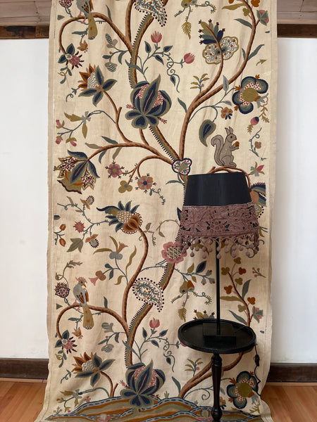 Antique Jacobean Revival Tree of Life Wallhanging with Birds and Squirrel: Early C20th Kashmir for export