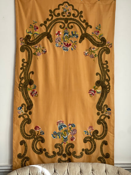 Silk Wallhanging and Pelmet with C18th Century Embroidered Appliqués: C19th France