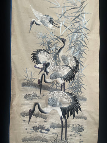 Long Silk Embroidered Wall Hanging with Cranes: C1930 Taiwan for export to Europe