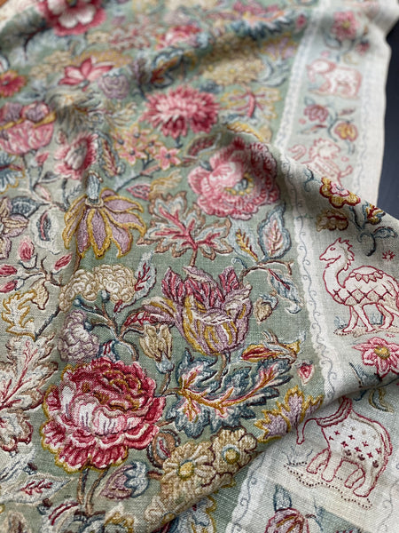 Arts and Crafts Jacobean Revival Block Print Linen Panel with Animal Borders: C1910 England
