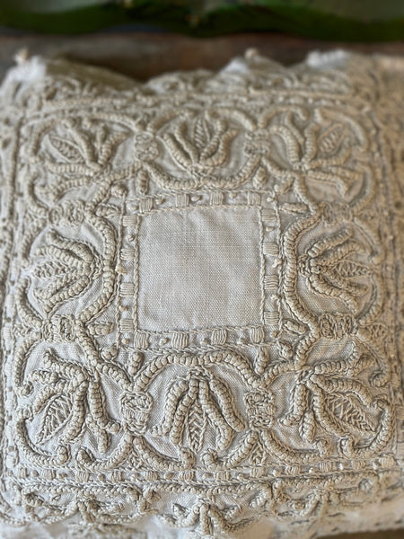 Antique Heirloom Whitework Embroidery Linen Cushion Cover: C19th Italy