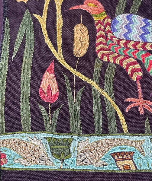 Antique Silk Embroidery with Houseboats, Birds and Florals: Late 19th, Srinagar, Kashmir, India