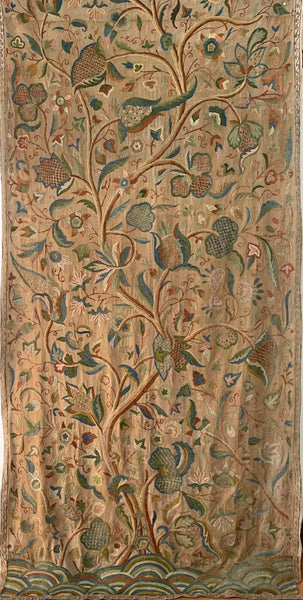 Antique Jacobean Revival Tree of Life Crewelwork Wall Hanging: C1900 Kashmir, India