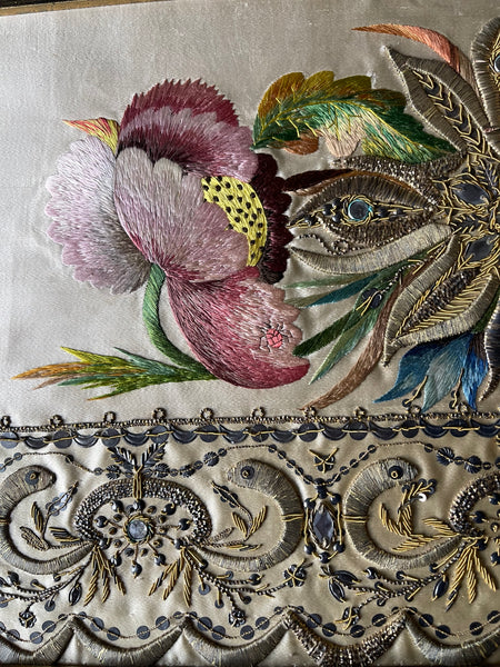 Pair of Museum Quality Italian Embroideries with Flowers and Insects Framed: C18th Italy