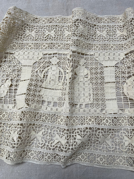 Antique Reticula Needlepoint Figurative Lace Panel Viking Ship: C1910 Europe