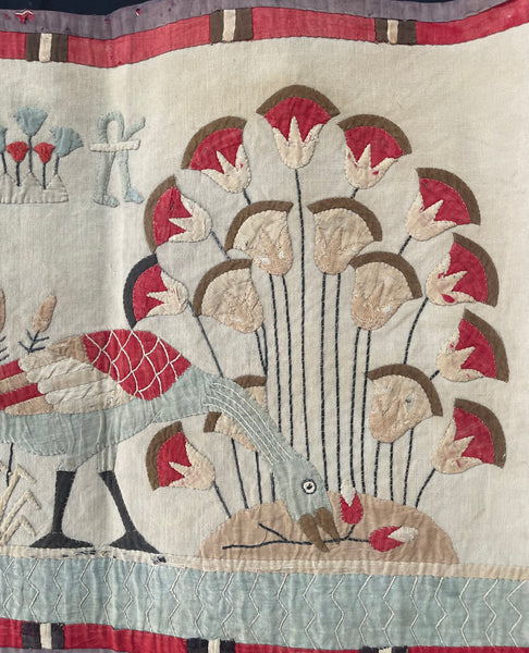Antique Egyptian Revival Appliqué Wallhanging with Herders, Geese, Hieroglyphics: C1920s Egypt