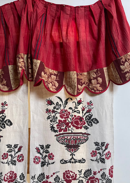 French Pink and Red Striped Ticking Pelmet with Chintz Border: C19th France