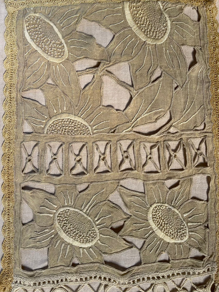 Pair Antique Art Deco French Richelieu Embroidered Linen Cafe Curtains Handmade Sunflower Motif