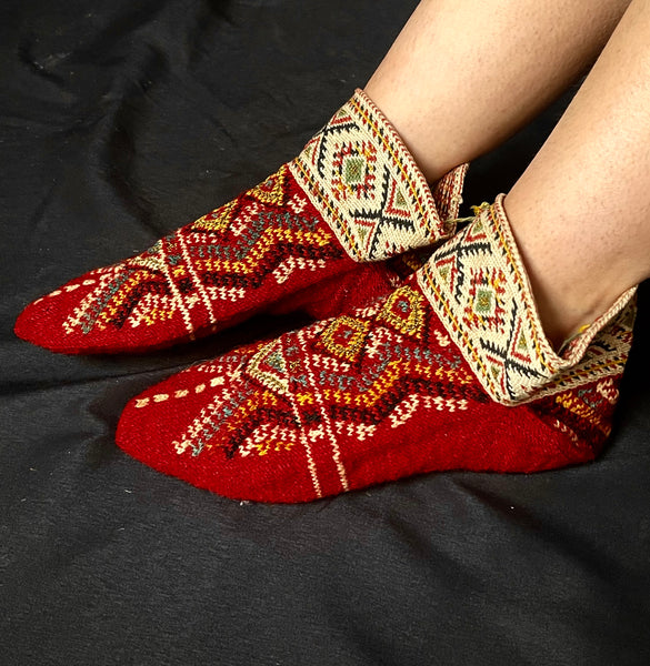 Pair Antique Hand knitted Folk Costume Slipper Socks: C1920 Albania