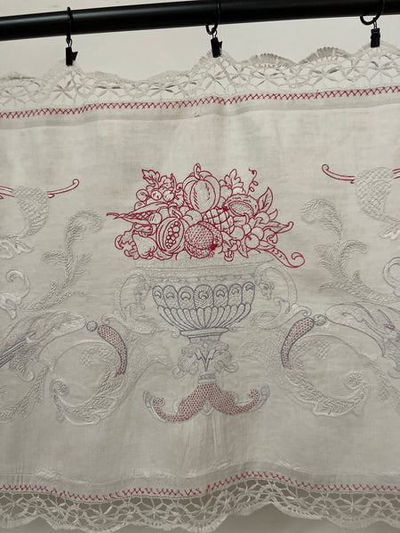 Antique Neo Renaissance White & Red-work Embroidered Pelmet Valance: C1900 Europe