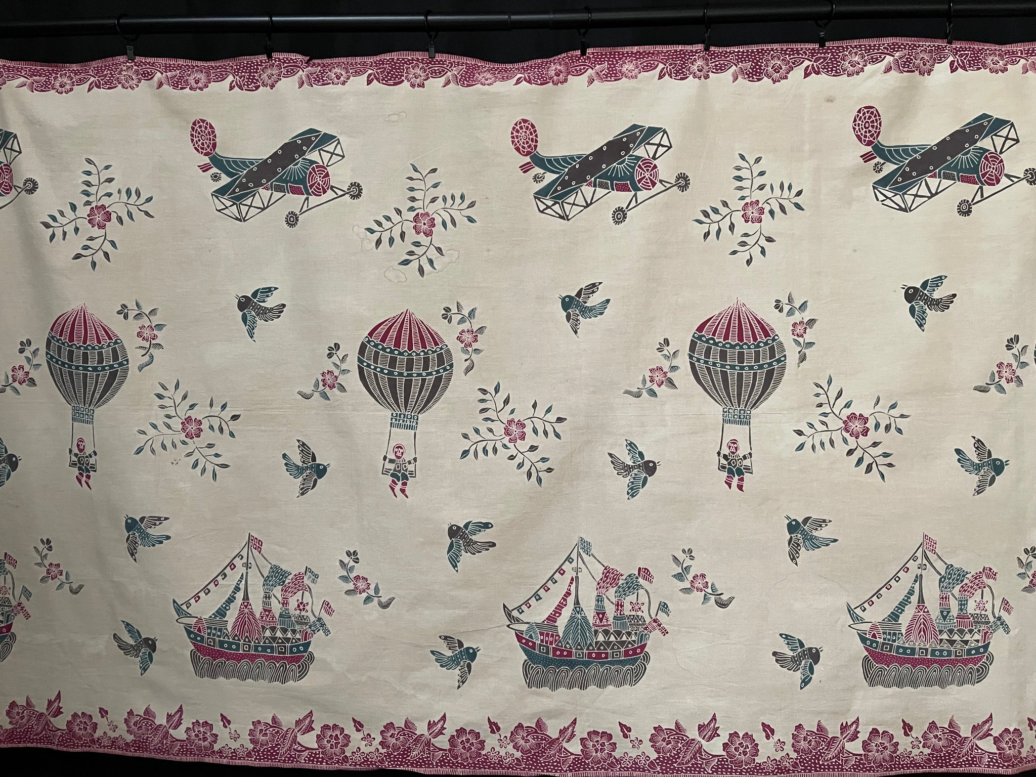 Antique Hand Painted Batik Skirt Panel with Hot Air Balloons Planes & Ships: C20th Java, Indonesia