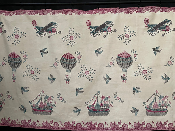 Antique Hand Painted Batik Skirt Panel with Hot Air Balloons Planes & Ships: C20th Java, Indonesia
