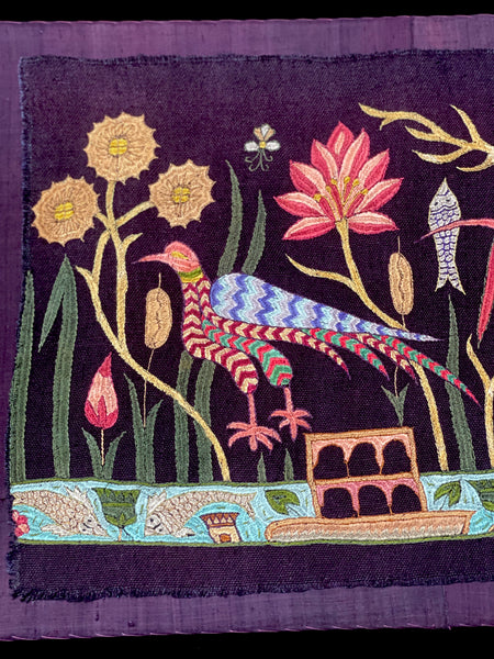 Antique Silk Embroidery with Houseboats, Birds and Florals: Late 19th, Srinagar, Kashmir, India