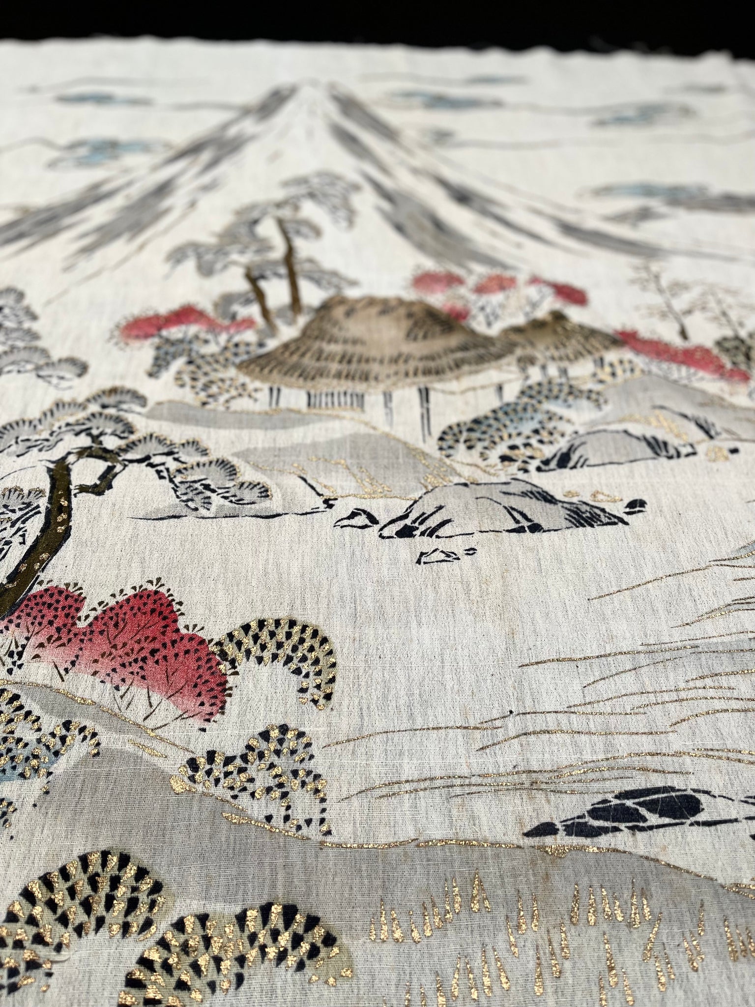 Traditional Block Printed Hand Painted Wallhanging with Mount Fuji: C1930 Japan