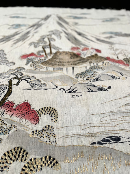 Traditional Block Printed Hand Painted Wallhanging with Mount Fuji: C1930 Japan