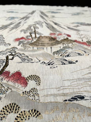 Traditional Block Printed Hand Painted Wallhanging with Mount Fuji: C1930 Japan