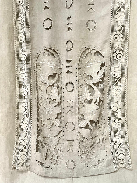 Antique Cutwork Embroidered Richelieu Lace Wallhanging Curtain Panel: C1900 - 1910 France