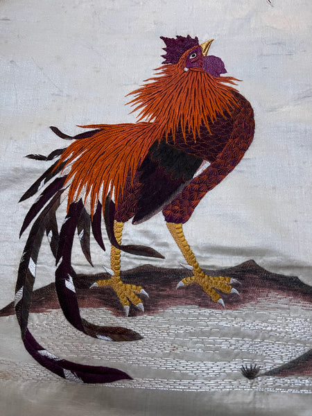 Fine Antique Silk Embroidered Wall Hanging with Cockerels: C19th China
