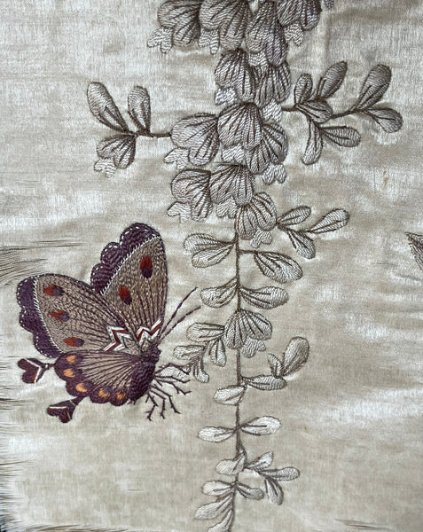 Antique Oval Silk Embroidery with Birds & Butterflies: C19th Qing dynasty, China