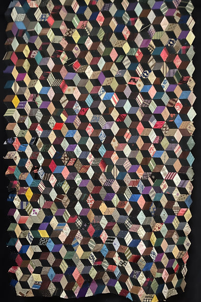 Antique Silk Tumbling Blocks Patchwork Quilt: C19th Britain