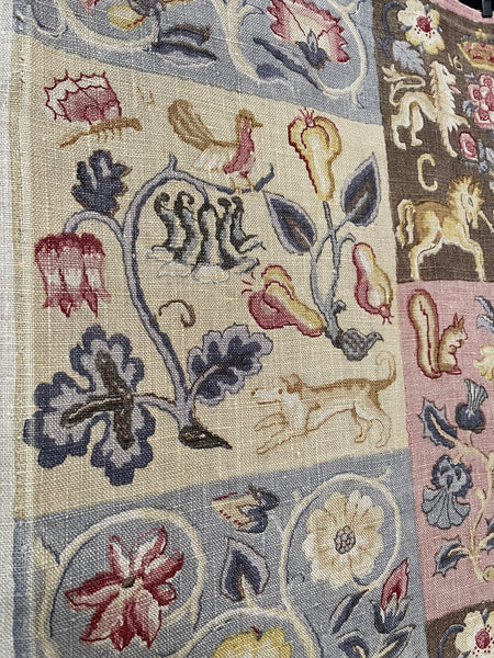 Charming Jacobean Revival Printed Linen Panel with Figures, Animals,  Florals: C1920 England