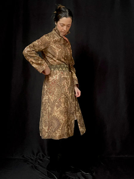 Antique Metal and Silk Thread Embroidered Chintz Paisley Coat: C1930s Britain