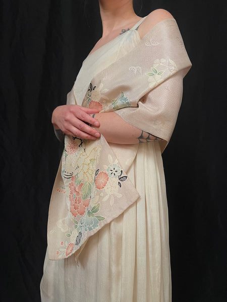 Antique Traditional Handpainted & Stencilled Silk Brocade Stole or Scarf: C1900 Japan