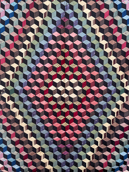 Antique Handmade Tumbling Blocks Silk Patchwork Quilt made with Cravat & Scarf Silks: C1910/20 Britain