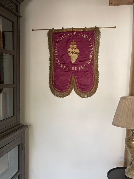 Antique Silk Embroidered Ecclesiastical Wallhanging Banner with Stumpwork Heart: C19th France