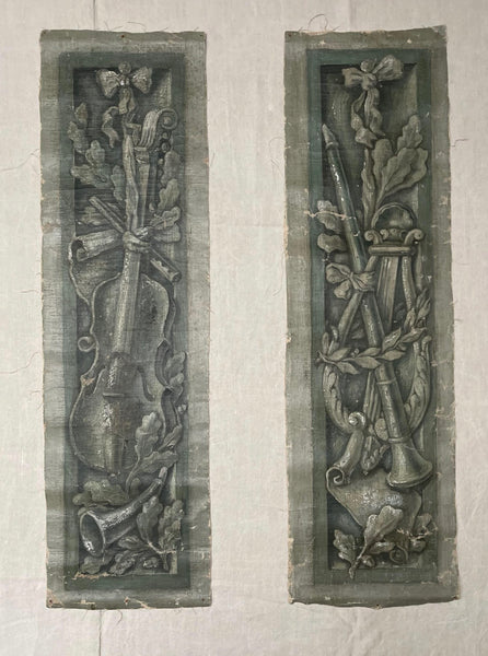 Pair Antique Trompe L’oiel Hand-painted Panels with Neo Classical Music Theme: C19th France