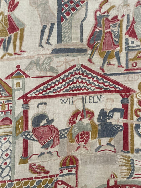 Antique Printed Linen Wallhanging Inspired by Bayeux Tapestry: C1920s Britain