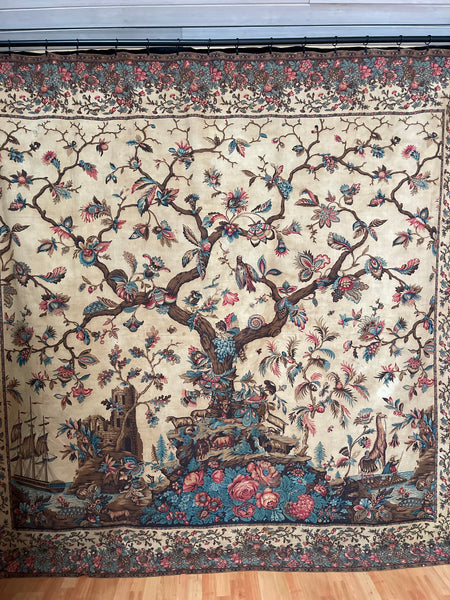Antique Block Printed Mezzaro Wall Hanging with Tree of Life Ship Figures Giraffe: C1830 Genoa, Italy