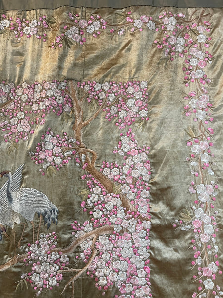 Antique Silk Embroidered Tapestry Wallhanging with Cherry Blossom & Storks: Japanese Meiji Period C19th Century. 223 x 175cm