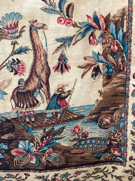 Antique Block Printed Mezzaro Wall Hanging with Tree of Life Ship Figures Giraffe: C1830 Genoa, Italy