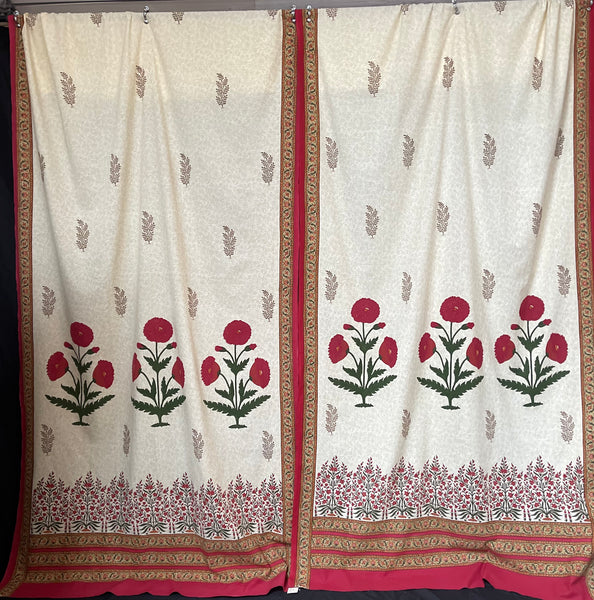 Block Printed Hangings or Curtain Panels with Poppies: C20th Jaipur, India