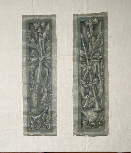 Pair Antique Trompe L’oiel Hand-painted Panels with Neo Classical Music Theme: C19th France