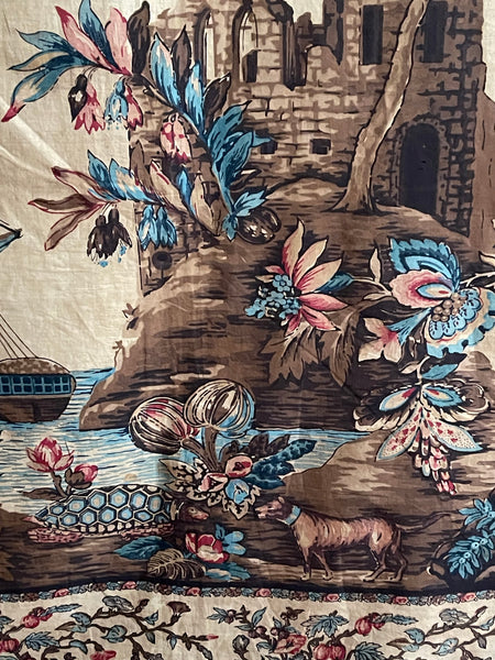 Antique Block Printed Mezzaro Wall Hanging with Tree of Life Ship Figures Giraffe: C1830 Genoa, Italy