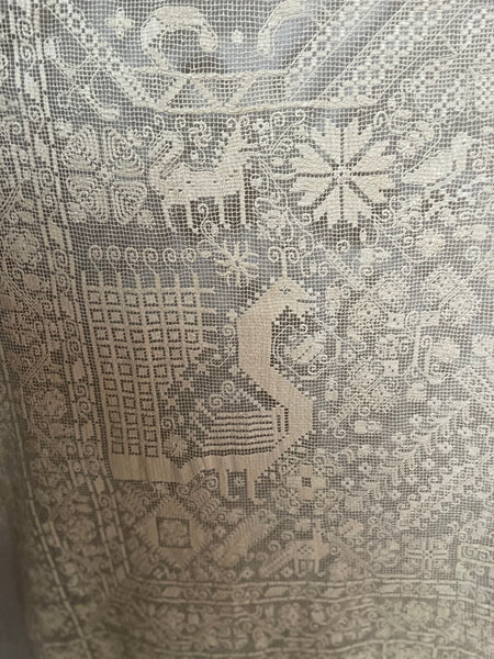 Antique Early Figurative Filet Lace Curtain Mythological Beasts Birds Tree of Life Hand Embroidered: C18th Italy